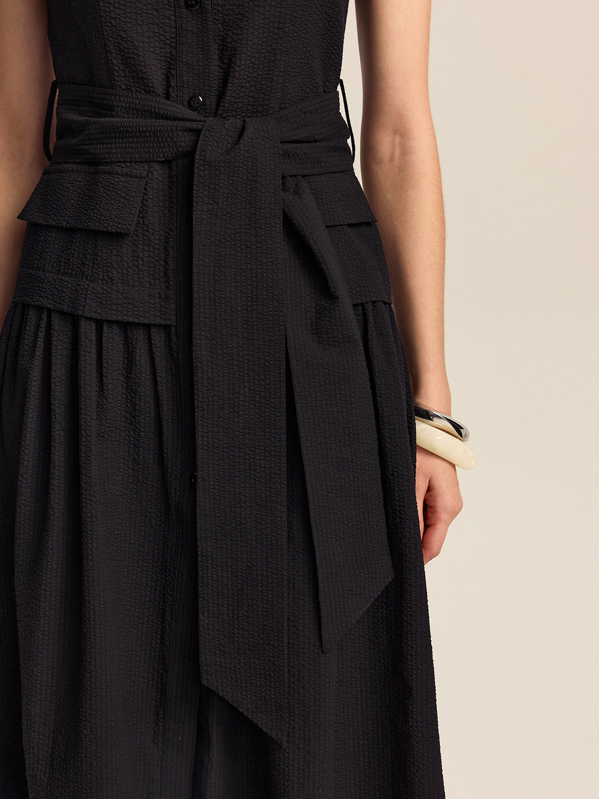 Shimmerene Button-Front Midi Dress with Belt
