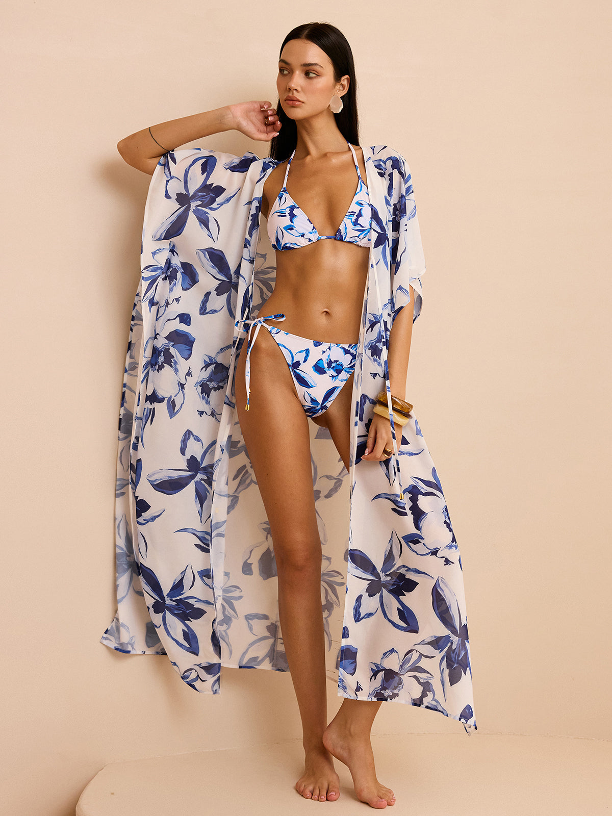 Korane Skir Blommig Kimono Med Knytning Framtill