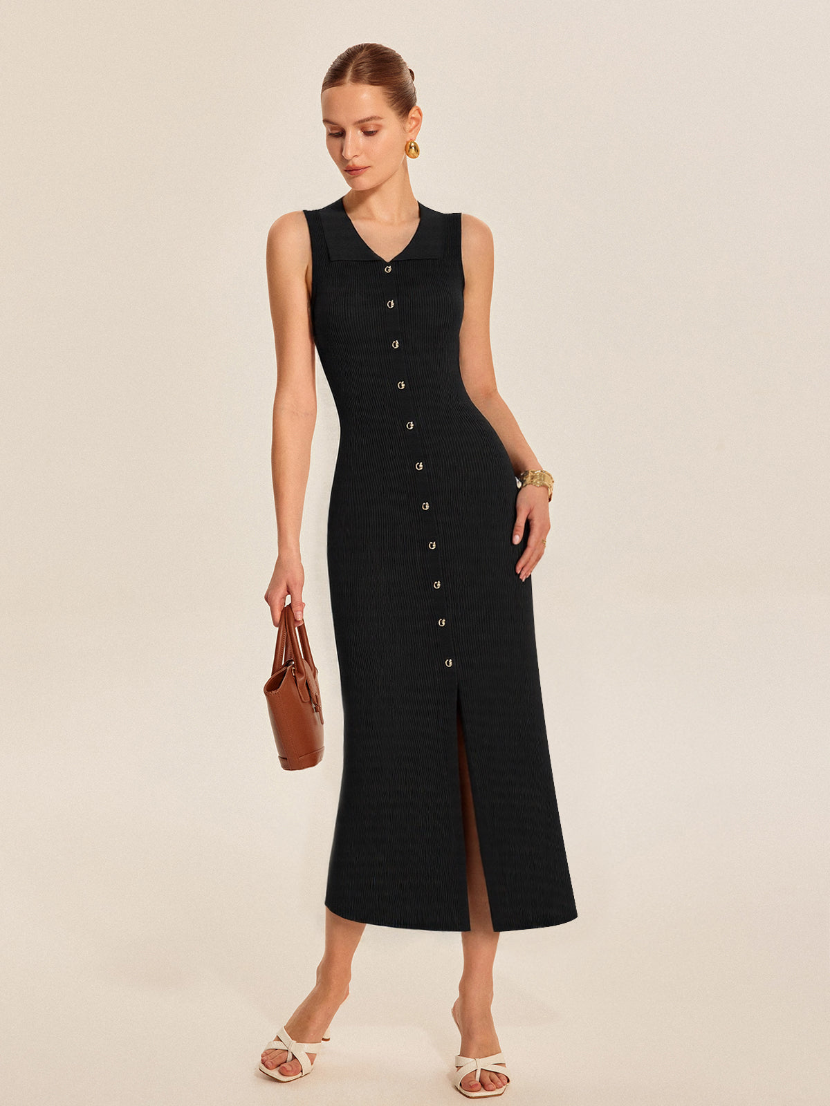 Luxury Ribbed Knit Button-Down Midi Dress