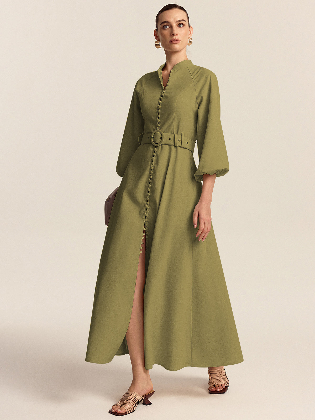 Olyne Maxikleid mit Gürtel und Knopfleiste vorne 