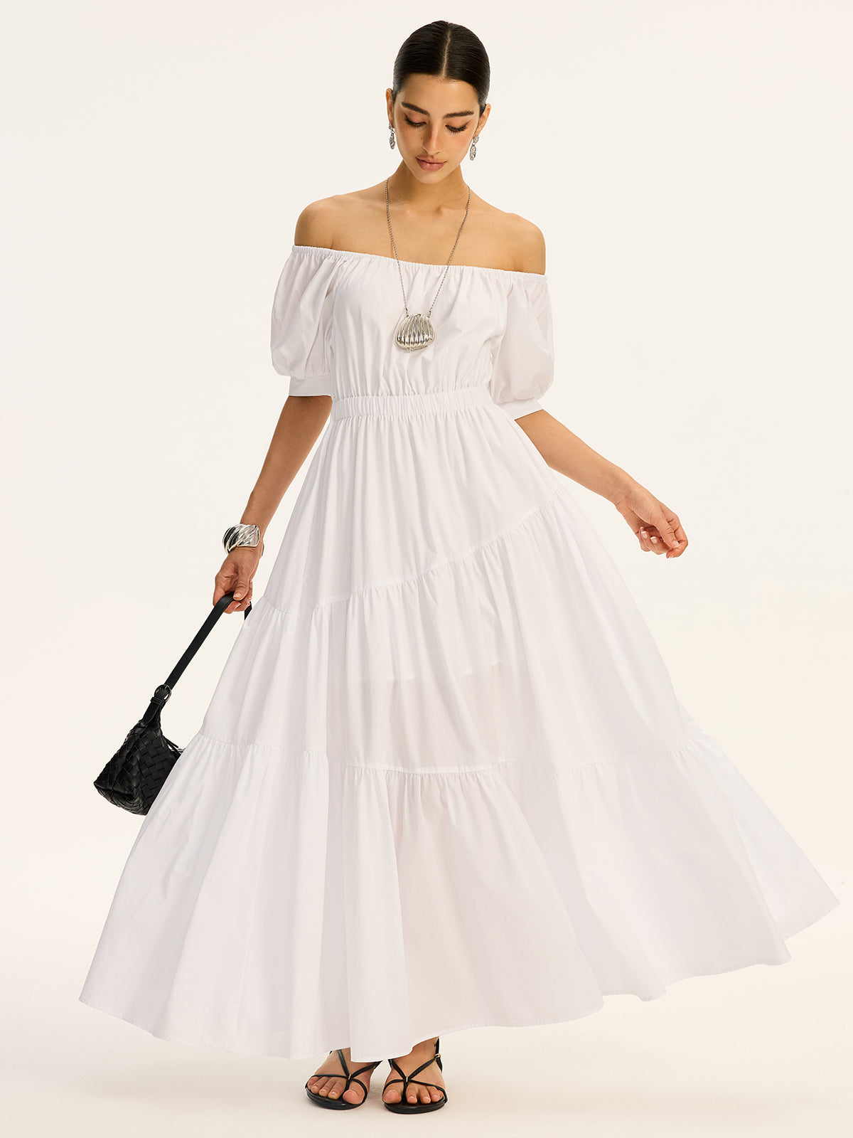 Moonbeam – Schulterfreies, kurzärmliges Maxikleid aus Baumwolle 