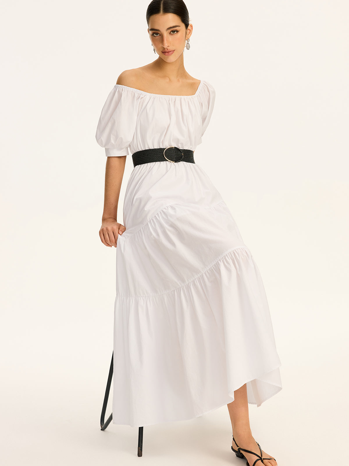 Moonbeam – Schulterfreies, kurzärmliges Maxikleid aus Baumwolle 