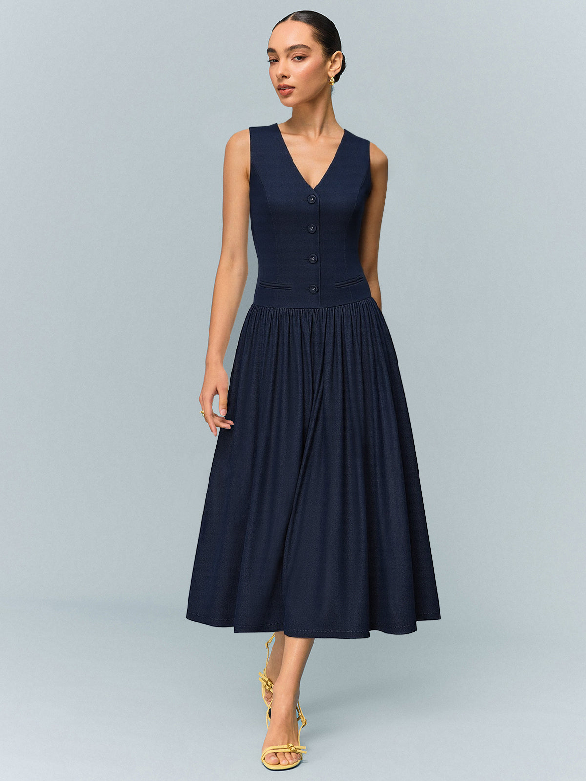 Starbloom Denim V-ringad Ruched Midi-klänning