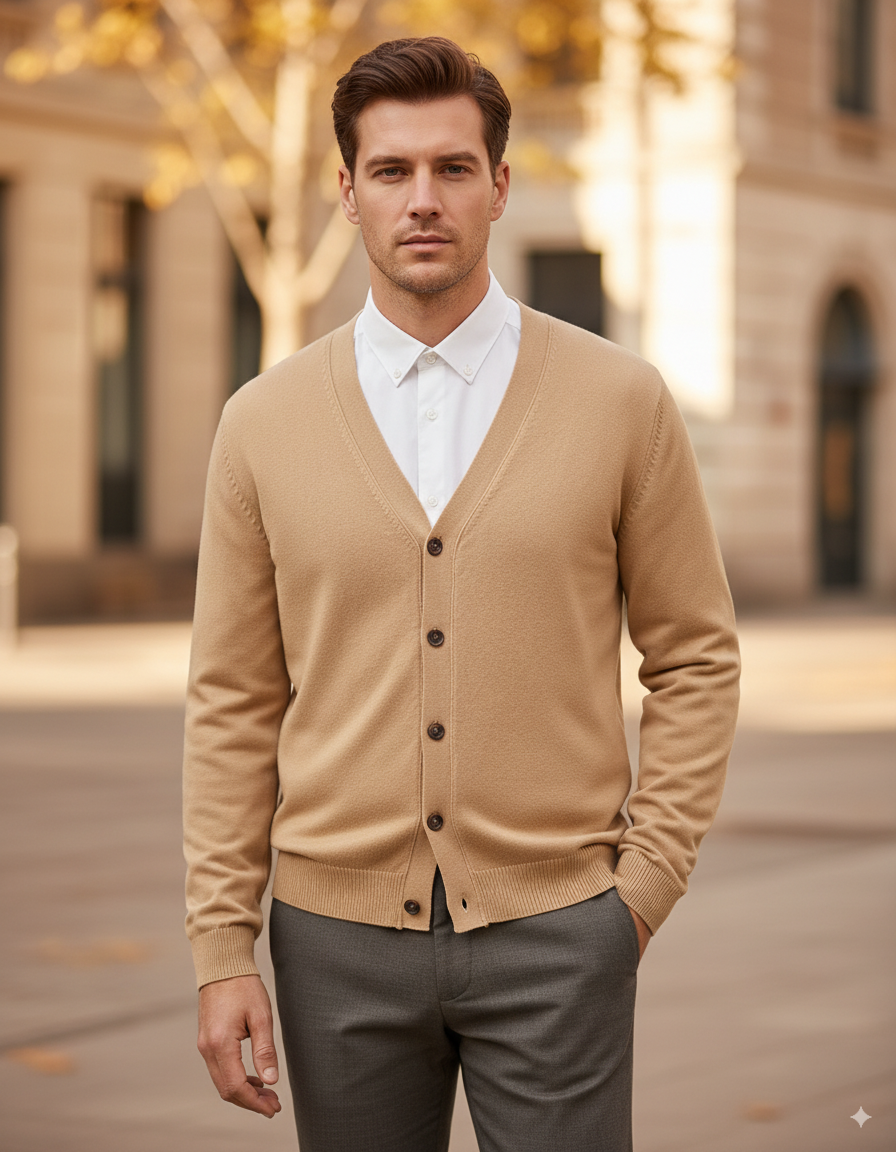 Men’s V-Neck Cardigan – Classic Solid Color Business Casual Sweater