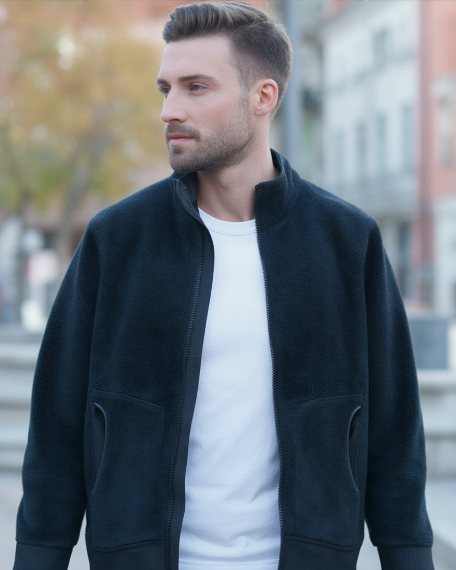 Men’s Fleece Jacket – Double-Sided Stand Collar Plush Coat for Winter