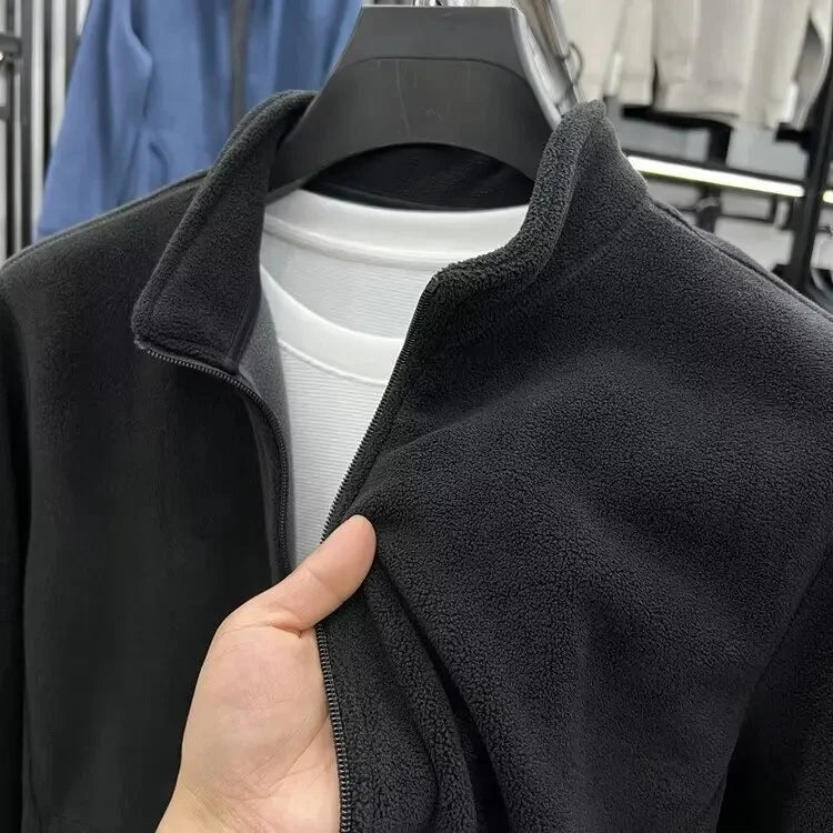 Men’s Fleece Jacket – Double-Sided Stand Collar Plush Coat for Winter