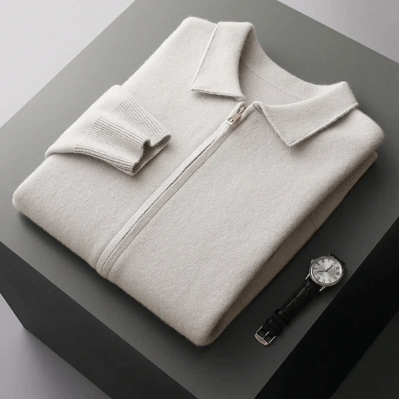 Men’s 100% Cashmere Cardigan – Zip-Up Knit Jacket for Autumn & Winter