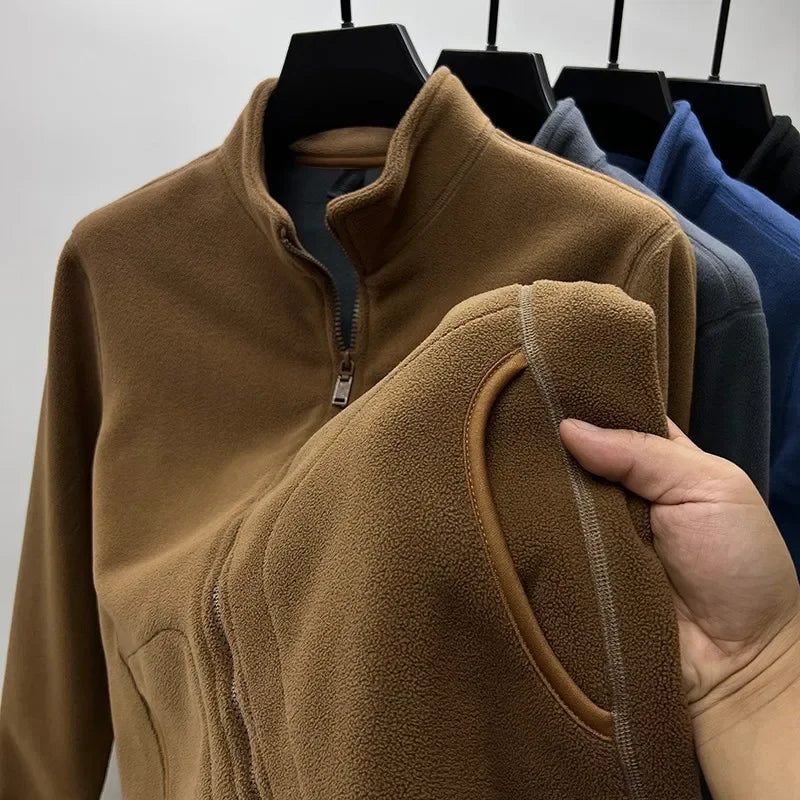 Men’s Fleece Jacket – Double-Sided Stand Collar Plush Coat for Winter