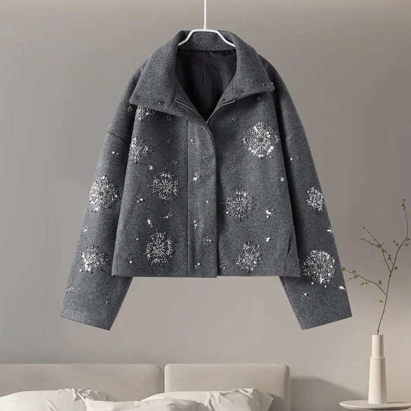 Women’s Woolen Coat – Floral Casual Winter Jacket