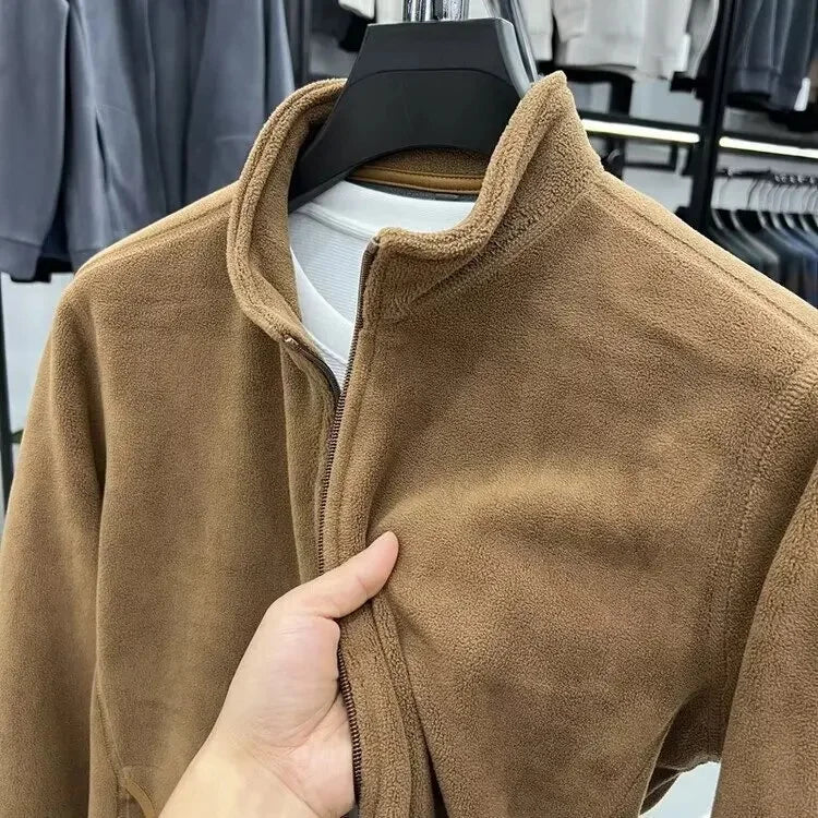 Men’s Fleece Jacket – Double-Sided Stand Collar Plush Coat for Winter