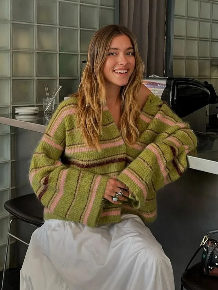 Elegant Striped V-Neck Women's Sweater Single-Breasted Loose Knitted