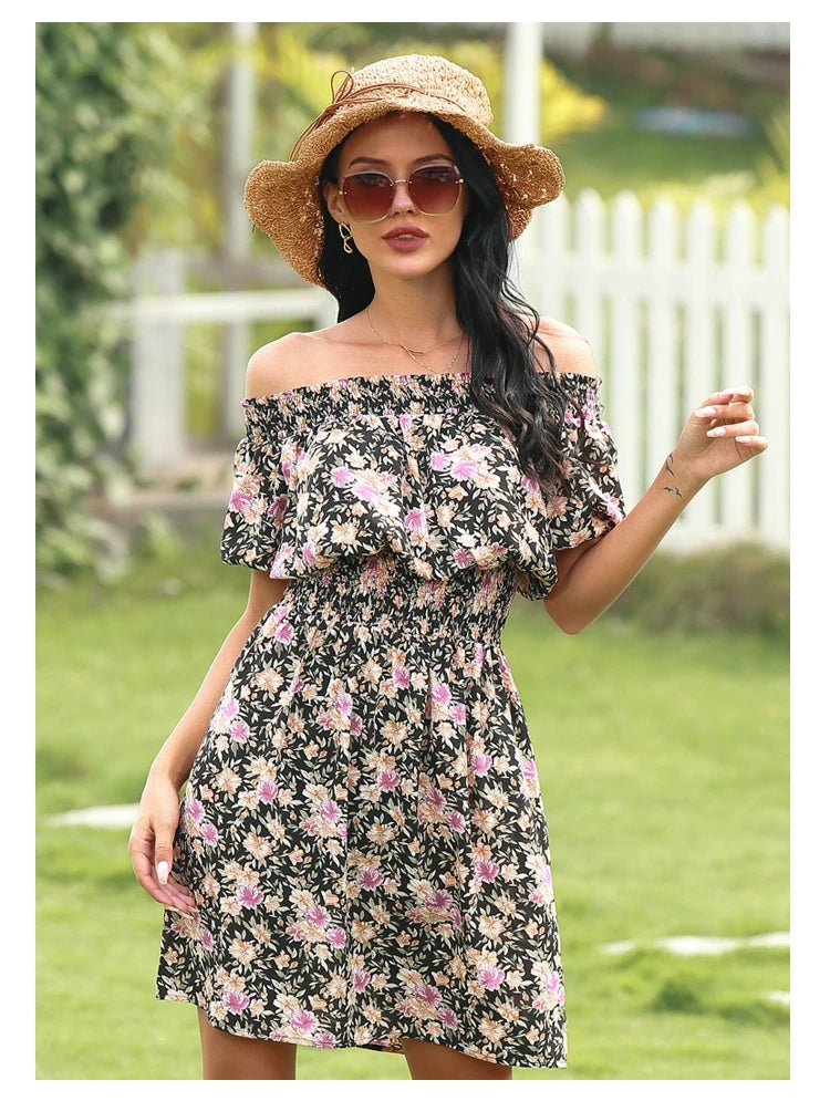 Sunbloom Cascade – Printed Off-Shoulder Midi Dress