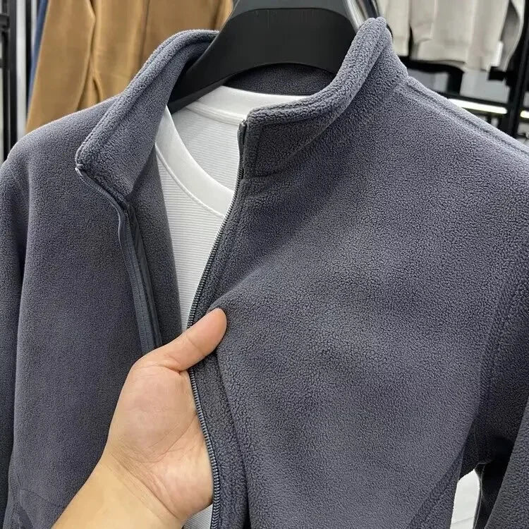 Men’s Fleece Jacket – Double-Sided Stand Collar Plush Coat for Winter