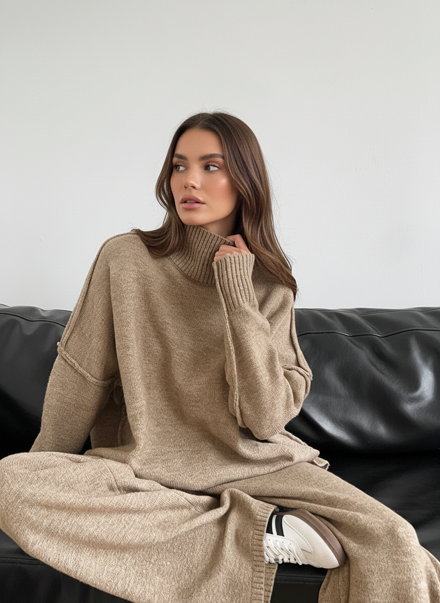 Women’s Knit Pants Set – Plain Turtleneck Sweater & Trousers